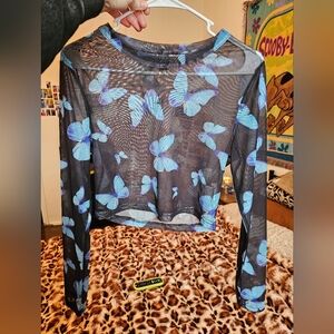 SHEIN Black and Blue Butterfly Crop Top
